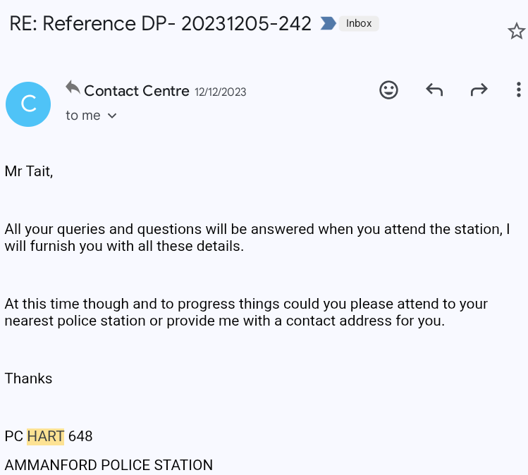 PC Hart email 12th Dec