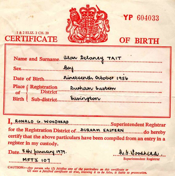 Birth certificate of Alan Tait