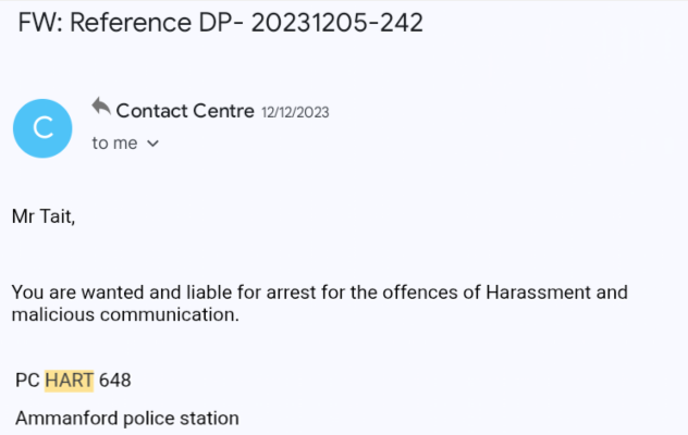PC Hart email 8th Dec