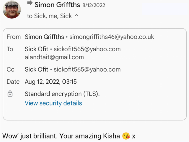 Simon Griffiths mentions Kisha in email