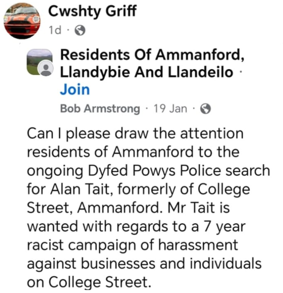Simon Griffiths reposts an altered copy of the wanted notice