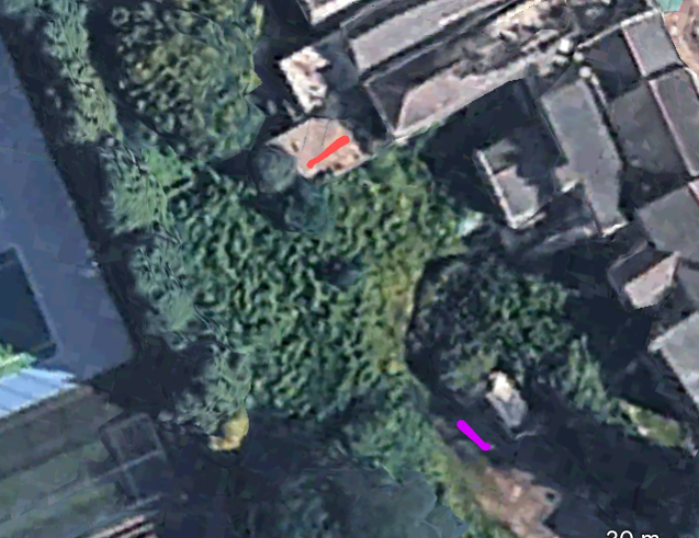 Outbuilding marked red and pathway marked purple for reference