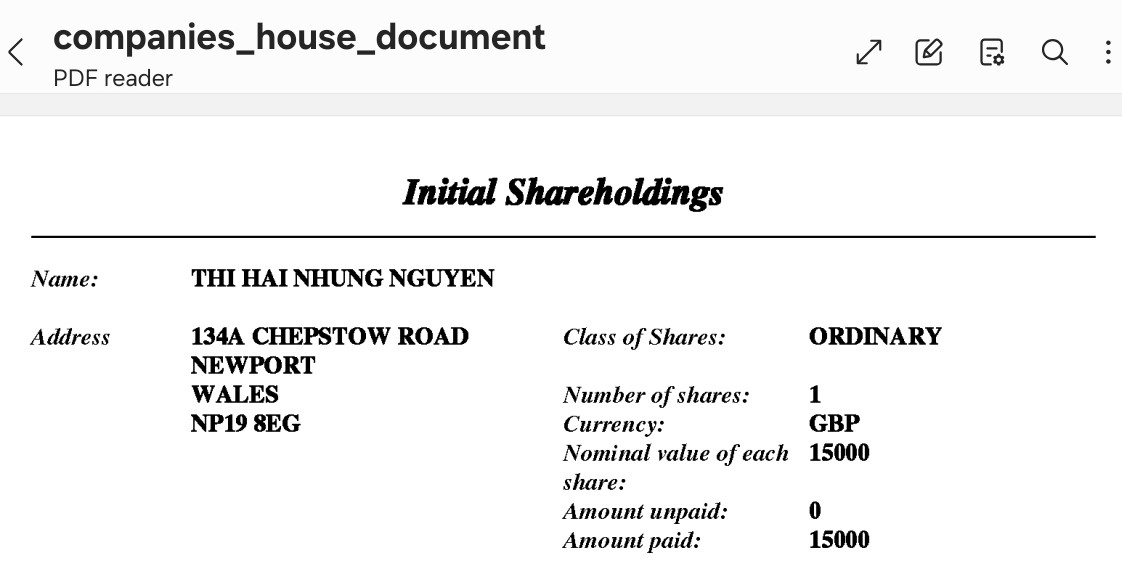 The initial shareholding shows one share of fifteen thousand pounds in the name of Thi Hai Hung Nguyen