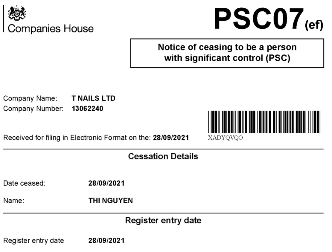 Filing showing Thi Nguyen resigns as person of significant control